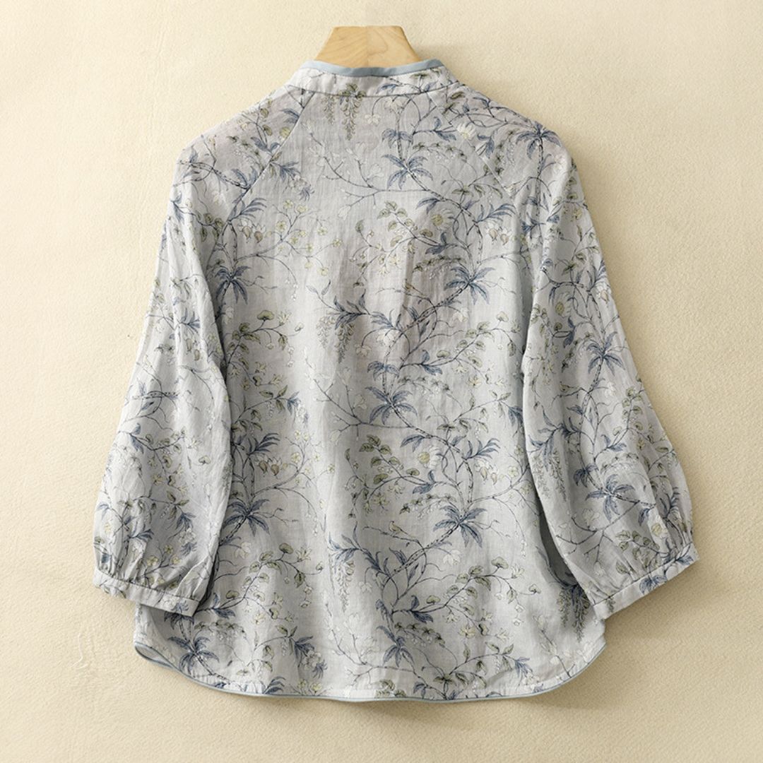 Elegant Mist Grey Floral Printed Summer Top for Women – Mandarin Collar