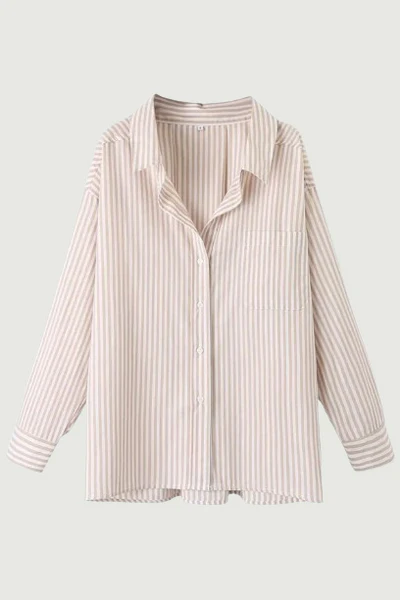 Neutral Style Pocket Lapel Long Sleeve Cotton Poplin Top Mid-Length Women's Striped Shirt