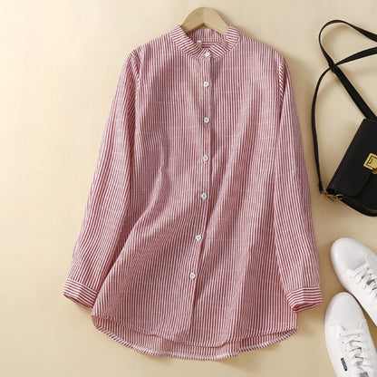 Women Spring Stripe Cotton Shirt Long Sleeve Stand Collar Femme Casual Elegant Chemise Work OL Tops