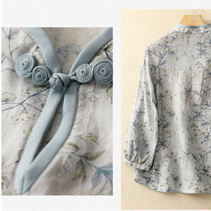 Elegant Mist Grey Floral Printed Summer Top for Women – Mandarin Collar
