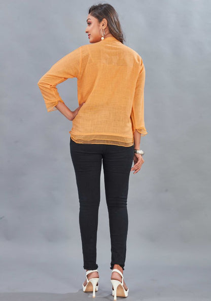 Embroidered Orange Colour Cotton Mandarin Collar Shirt – 3/4 Sleeves