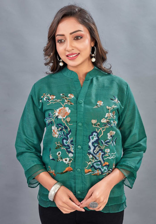 Embroidered Green Colour Cotton Mandarin Collar Shirt – 3/4 Sleeves