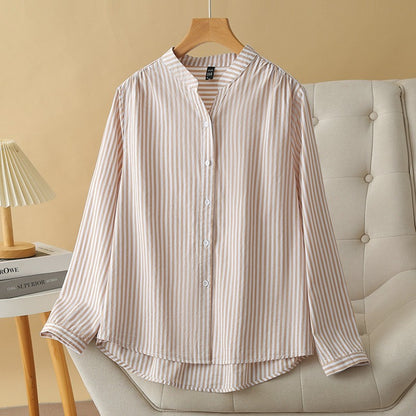 Women Spring Stripe Cotton Shirt Long Sleeve Stand Collar Femme Casual Elegant Chemise Work OL Tops