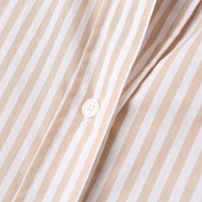 Neutral Style Pocket Lapel Long Sleeve Cotton Poplin Top Mid-Length Women's Striped Shirt
