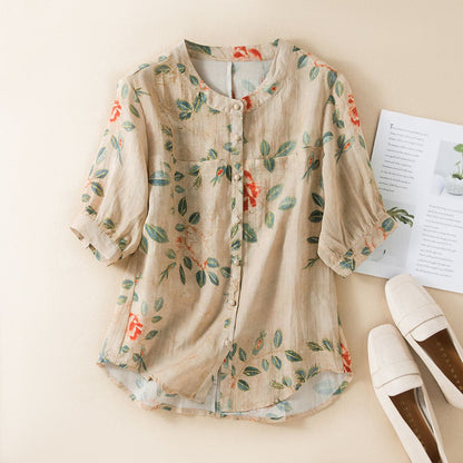 Beige Floral Printed Linen Button-Down Summer Top for Women