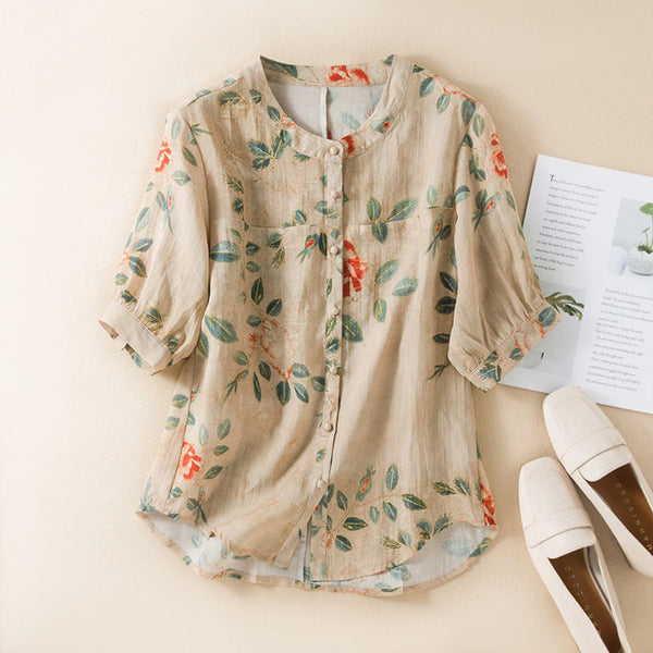 Beige Floral Printed Linen Button-Down Summer Top for Women