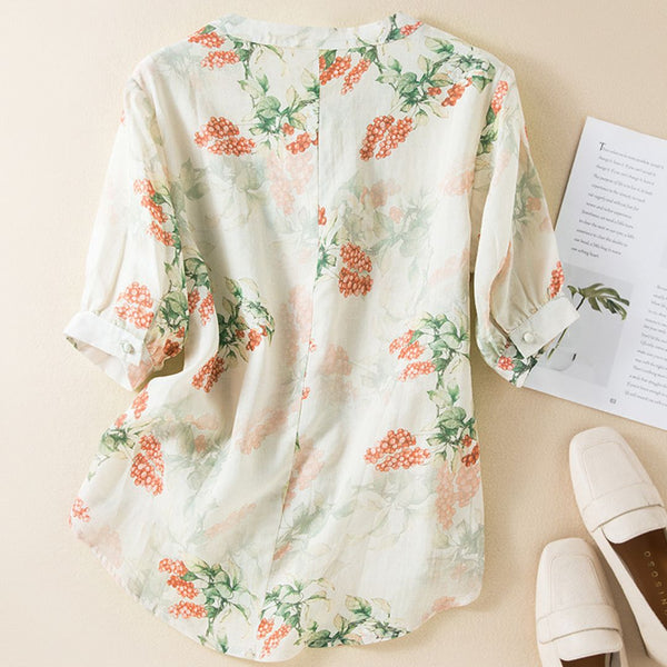 Cream Floral Printed Button-Down Casual Summer Top for Women