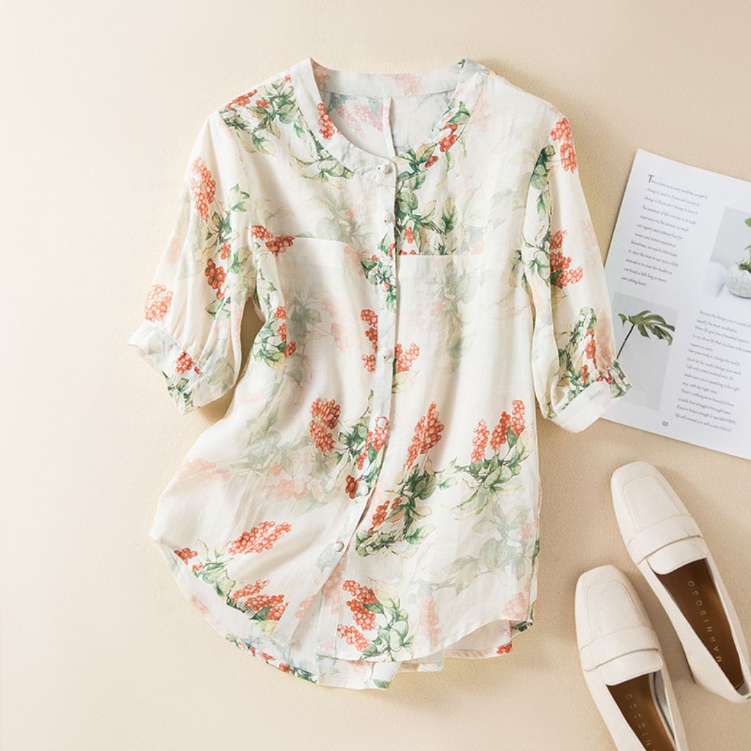 Cream Floral Printed Button-Down Casual Summer Top for Women