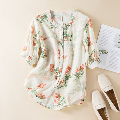 Cream Floral Printed Button-Down Casual Summer Top for Women